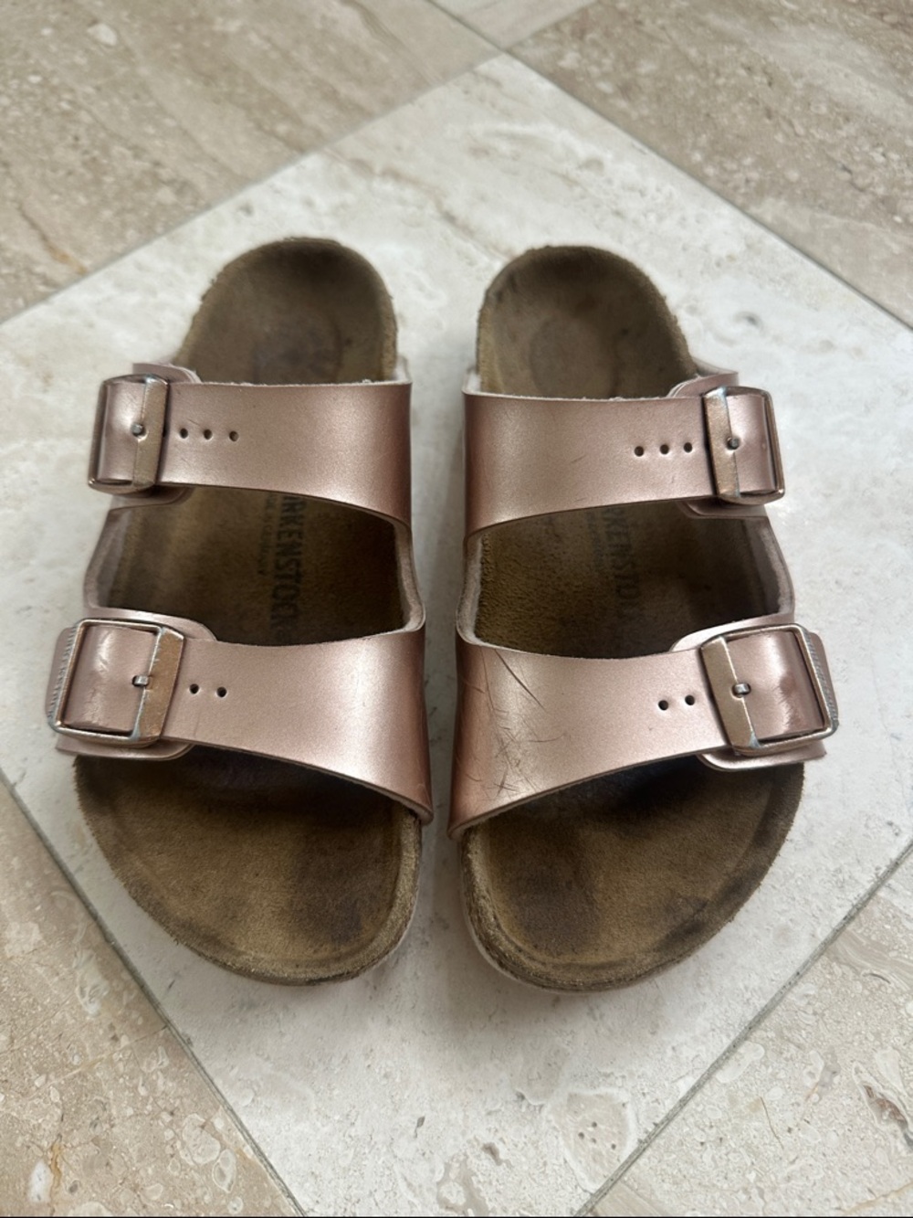 Birkenstock Kids Metallic Rose Gold Double Strap Sandals